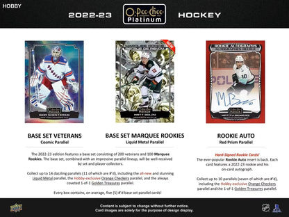 Hockey card product advertisement featuring 2022-23 Upper Deck O-Pee-Chee Platinum Hobby Box with base set and marquee rookies