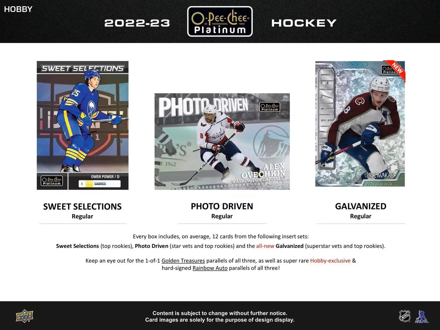 Hockey card product advertisement for 2022-23 Upper Deck O-Pee-Chee Platinum Hobby Box featuring base set, marquee rookies, and base set veterans