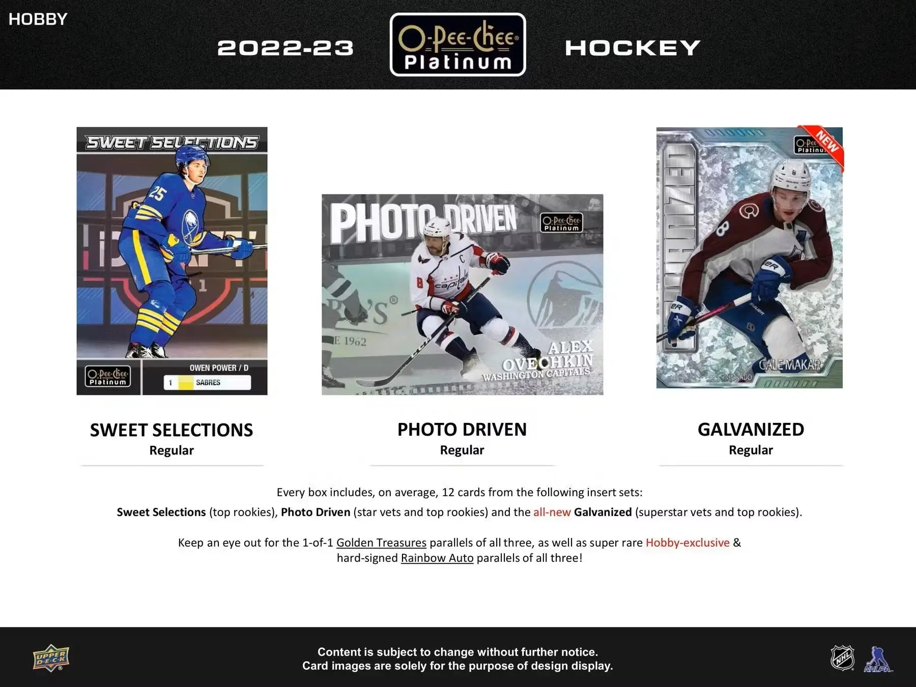 Hockey card product advertisement for 2022-23 Upper Deck O-Pee-Chee Platinum Hobby Box featuring base set, marquee rookies, and base set veterans