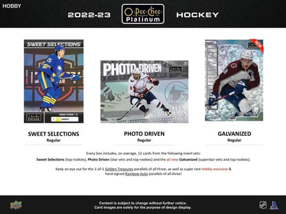 Hockey card product advertisement for 2022-23 Upper Deck O-Pee-Chee Platinum Hobby Box featuring base set, marquee rookies, and base set veterans