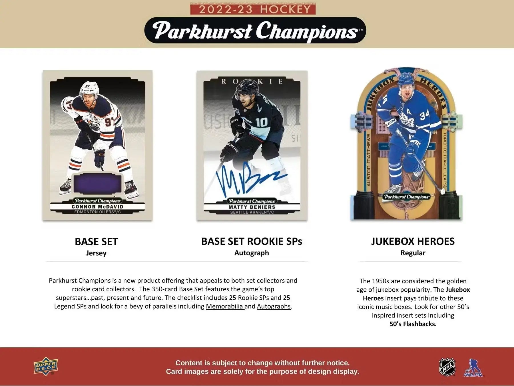 Promotional ad for 2022/23 Upper Deck Parkhurst Champions Hockey 5-Pack Blaster Box featuring base set and set rookie cards