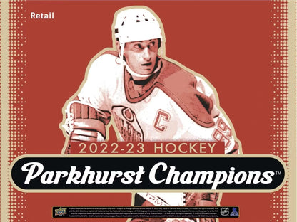 Retail box of 2022-23 Parkhurst Champions hockey cards featuring base set and set rookie cards