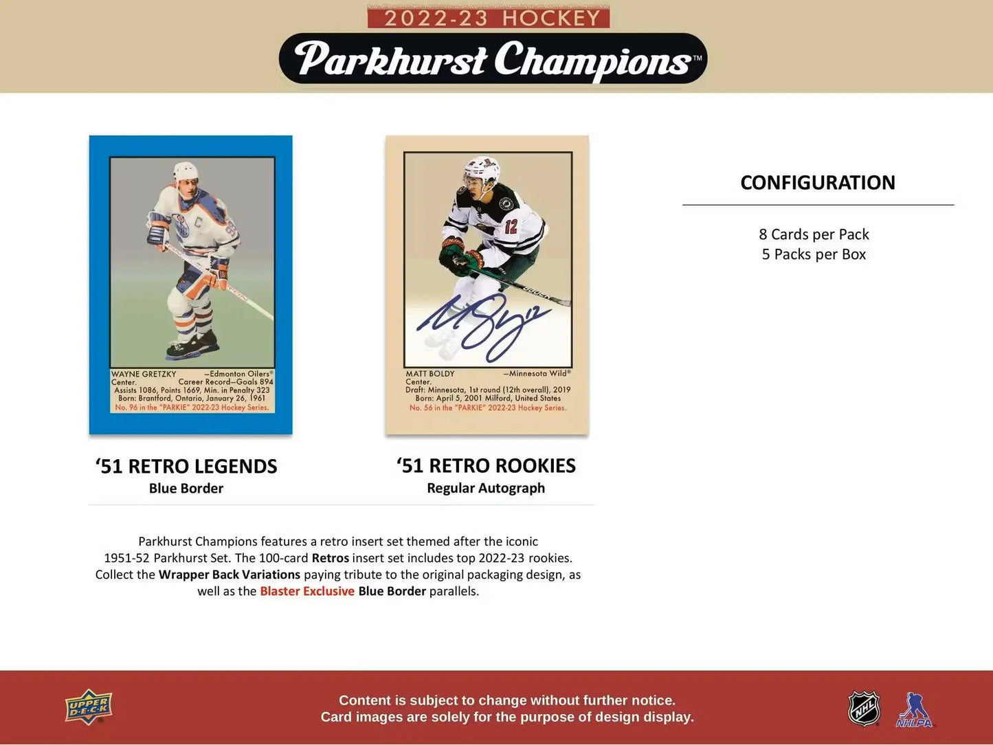 Sales sheet for 2022/23 Upper Deck Parkhurst Champions hockey cards base set rookie