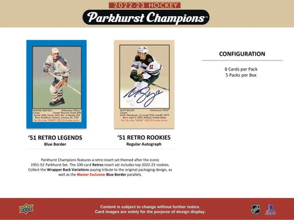 Sales sheet for 2022/23 Upper Deck Parkhurst Champions hockey cards base set rookie