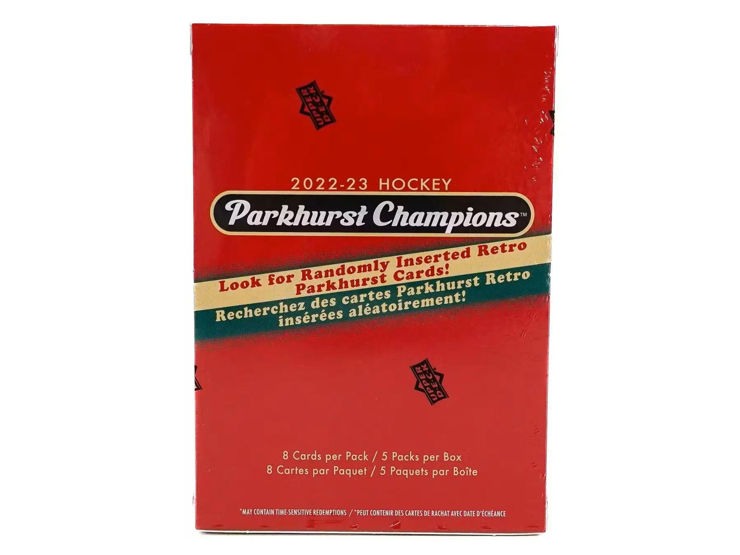 Red box of 2022-23 Parkhurst Champions Hockey trading cards featuring base set rookies