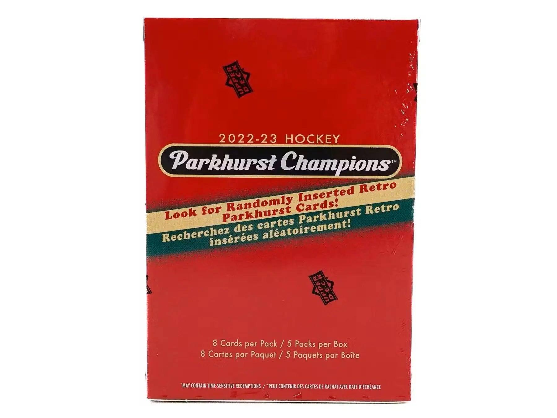 Red box of 2022-23 Parkhurst Champions Hockey trading cards featuring base set rookies
