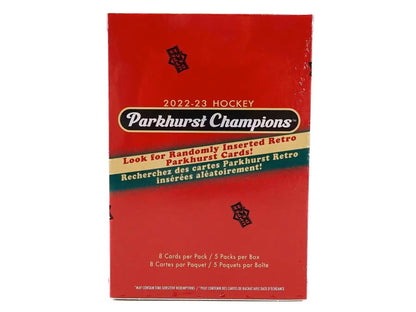 Red box of 2022-23 Parkhurst Champions Hockey trading cards featuring base set rookies