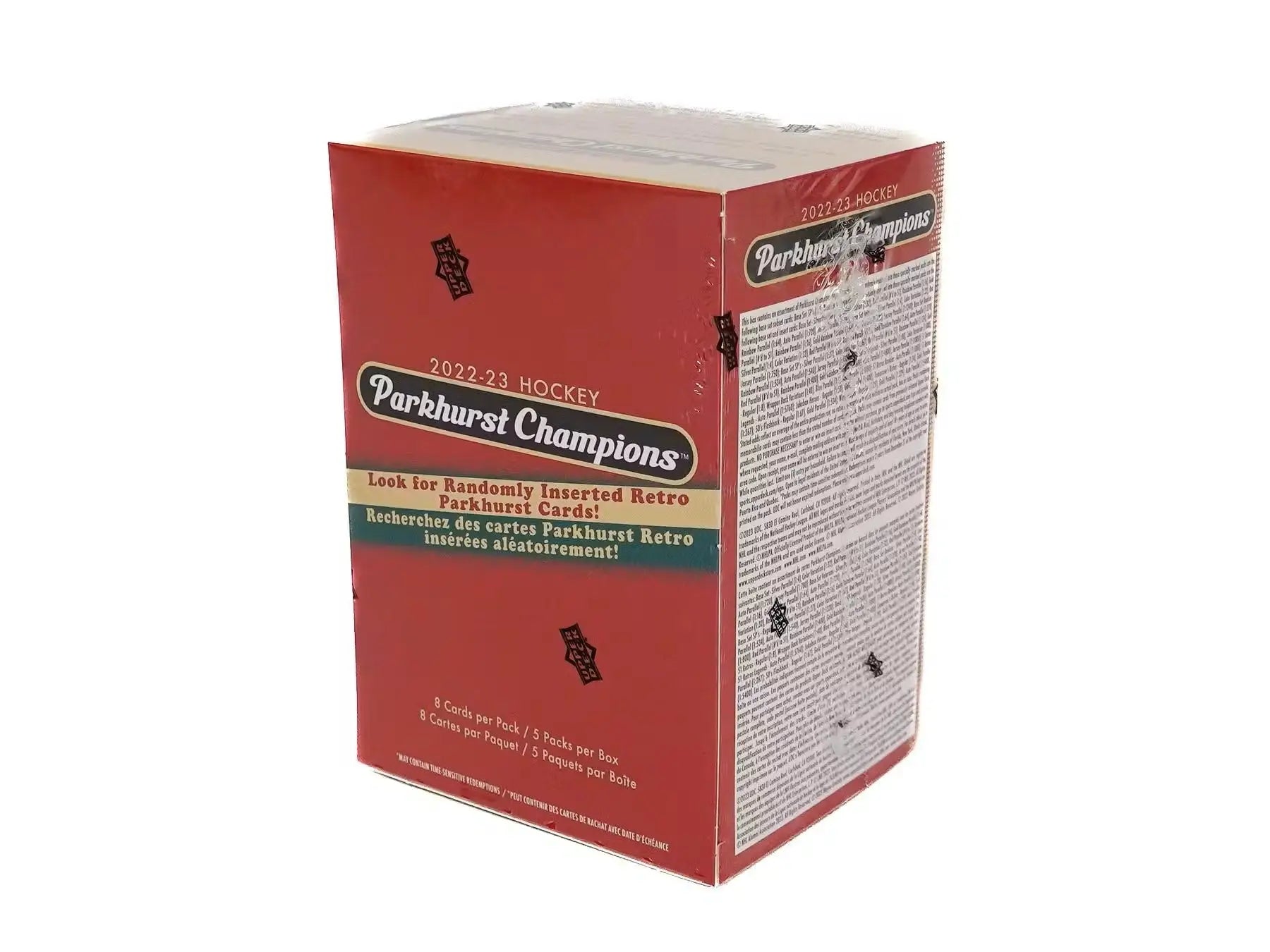 Red box of 2022/23 Upper Deck Parkhurst Champions Hockey trading cards featuring base set rookies