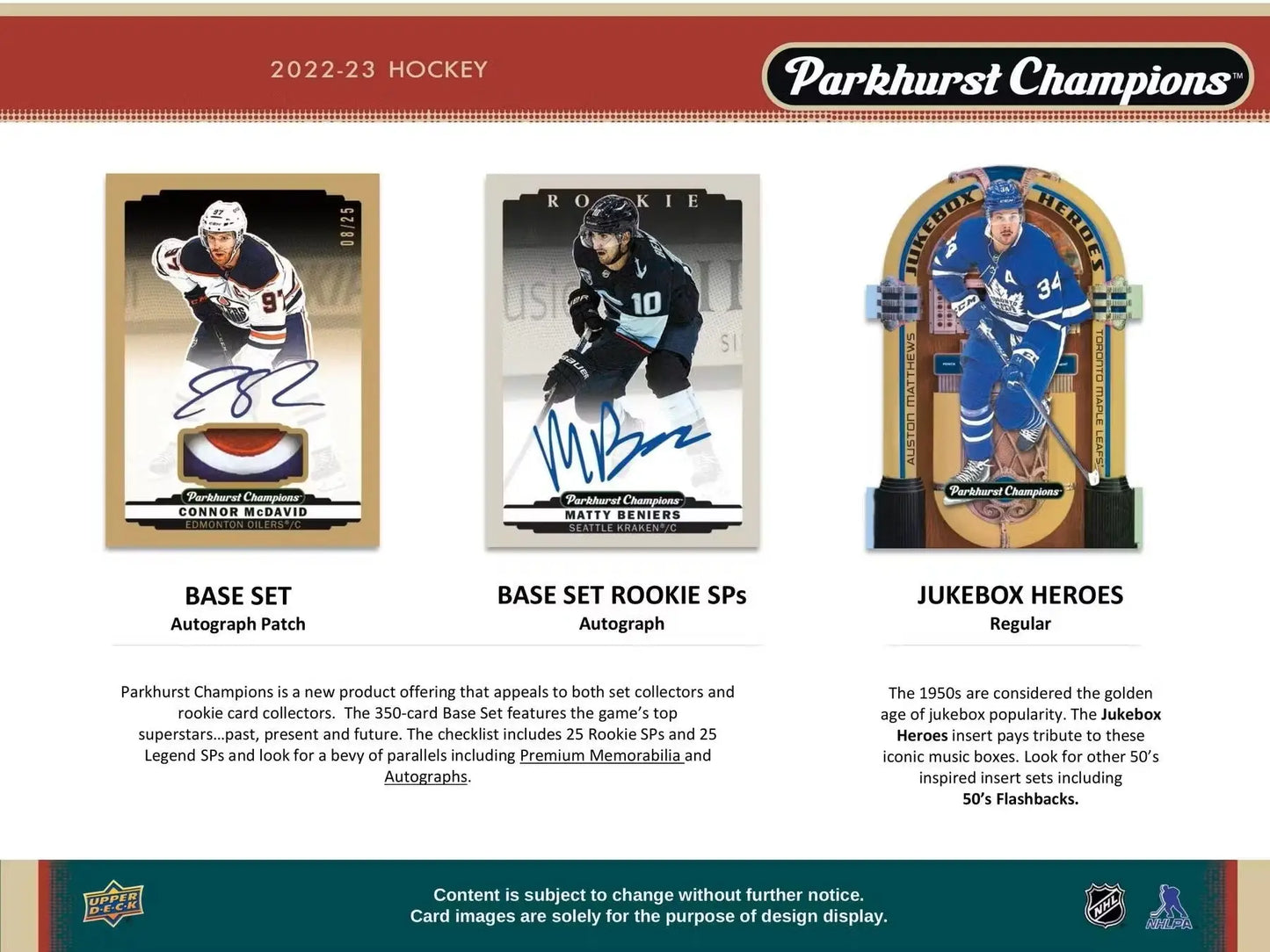 Hockey trading cards from 2022-23 Upper Deck Parkhurst Champions Hobby Box featuring base set and auto parallel options