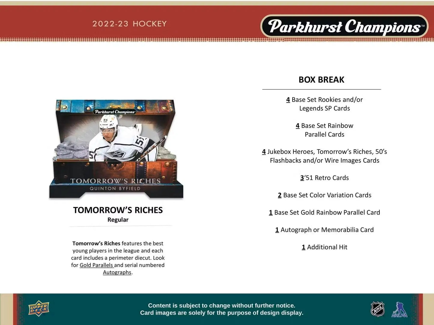 Hockey card box break featuring 2022-23 Upper Deck Parkhurst Champions with base set and auto parallel