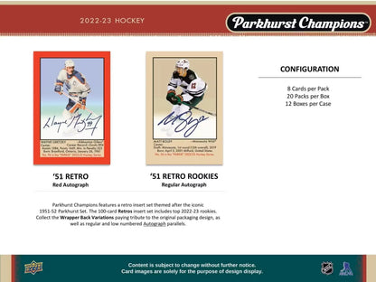 Hockey trading cards from 2022-23 Upper Deck Parkhurst Champions Hobby Box featuring base set and auto parallel cards