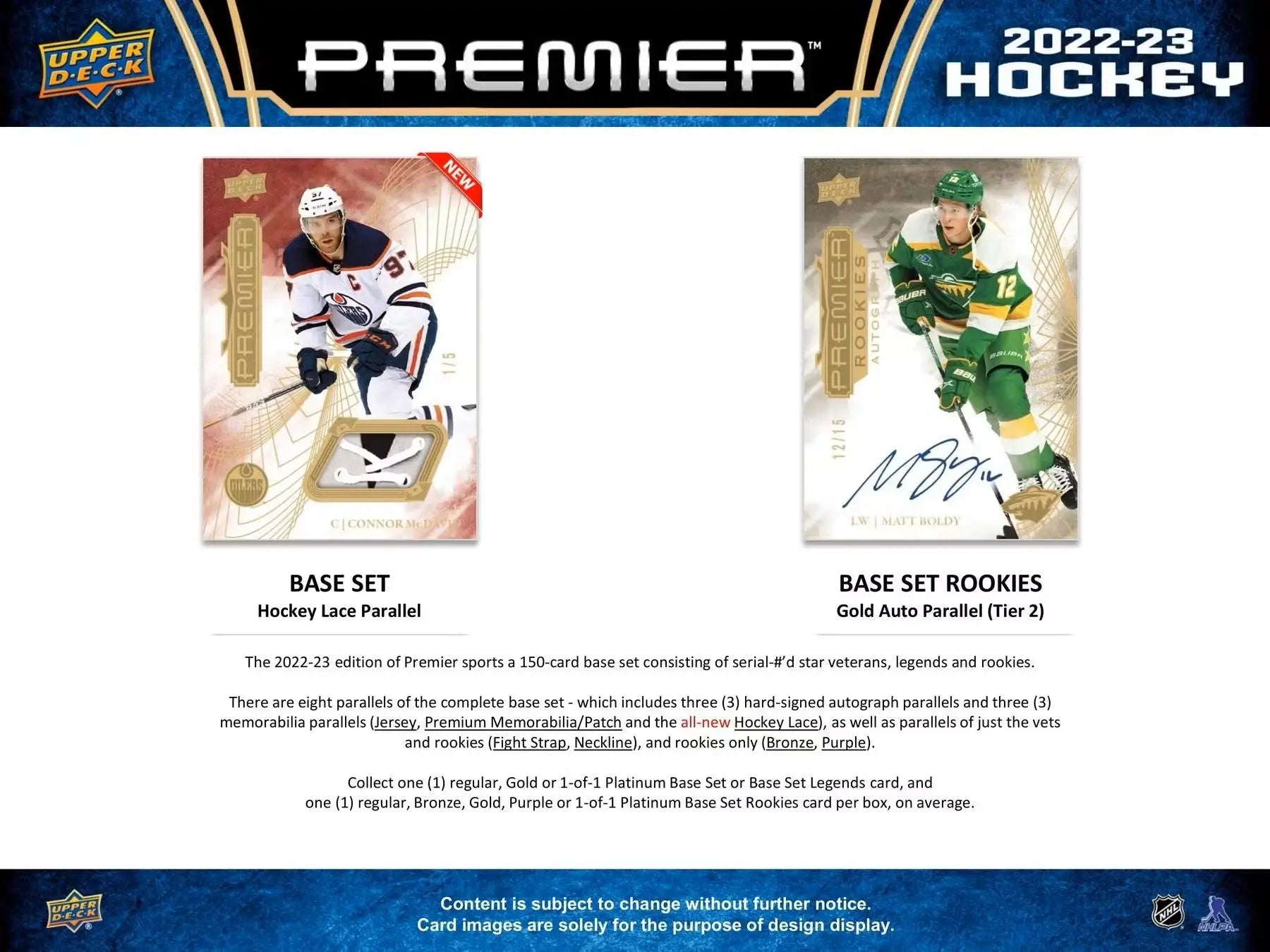 Hockey trading card advertisement featuring 2022-23 Upper Deck Premier Hobby Box with base set and gold parallel