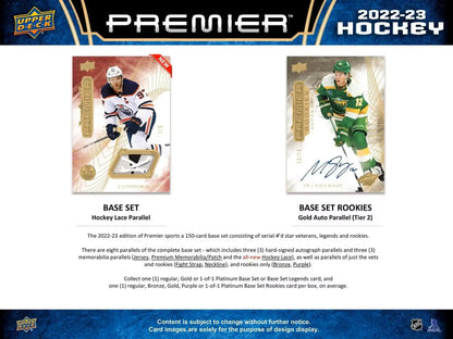 Hockey trading card advertisement featuring 2022-23 Upper Deck Premier Hobby Box with base set and gold parallel