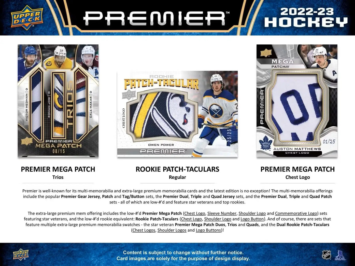 Promotional display for 2022-23 Upper Deck Premier Hockey trading cards featuring base set rookies and gold parallel memorabilia cards