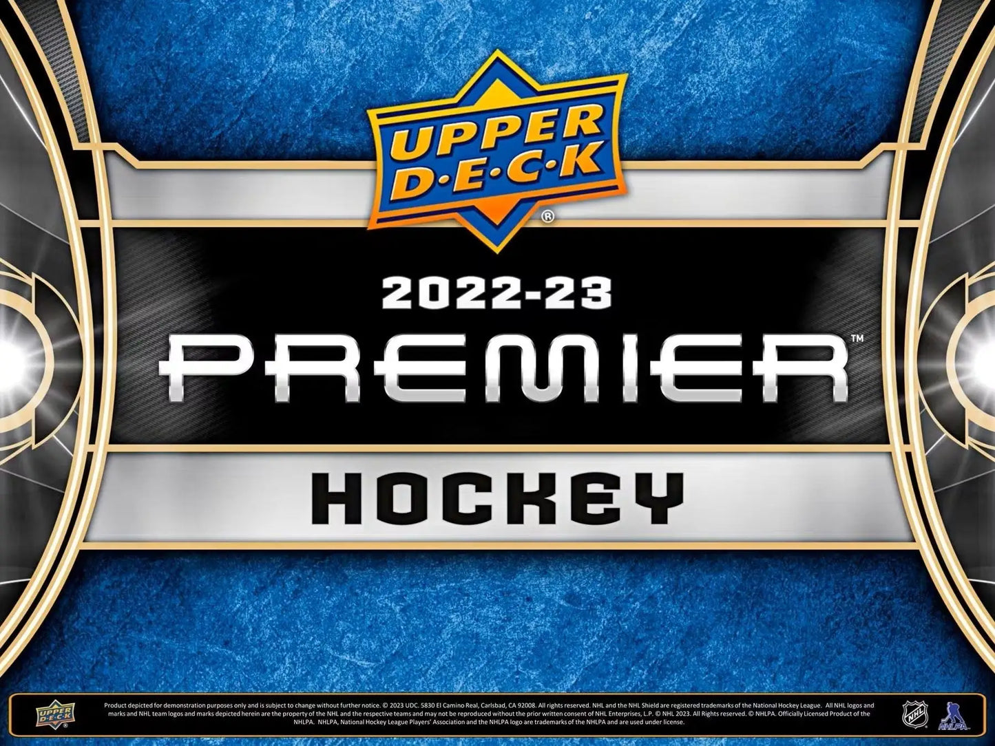 2022-23 Upper Deck Premier Hockey Hobby Box showing 2022-23 Premier Hockey card design, base set and gold parallel