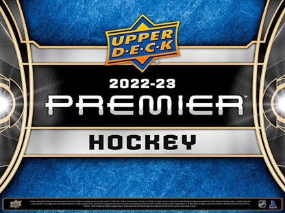2022-23 Upper Deck Premier Hockey Hobby Box showing 2022-23 Premier Hockey card design, base set and gold parallel
