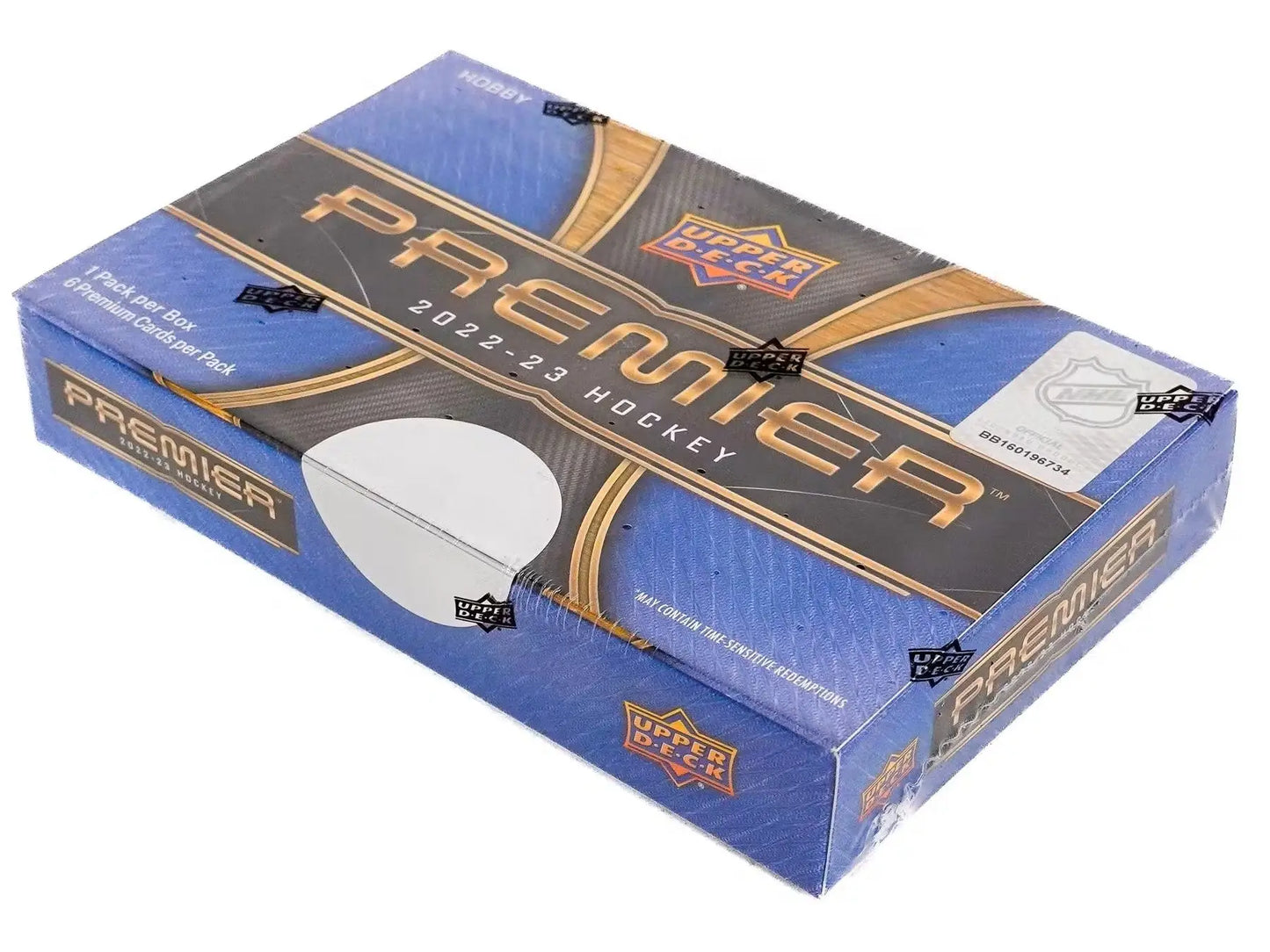 Box of 2022-23 Upper Deck Premier Hockey cards featuring base set rookies and gold parallel