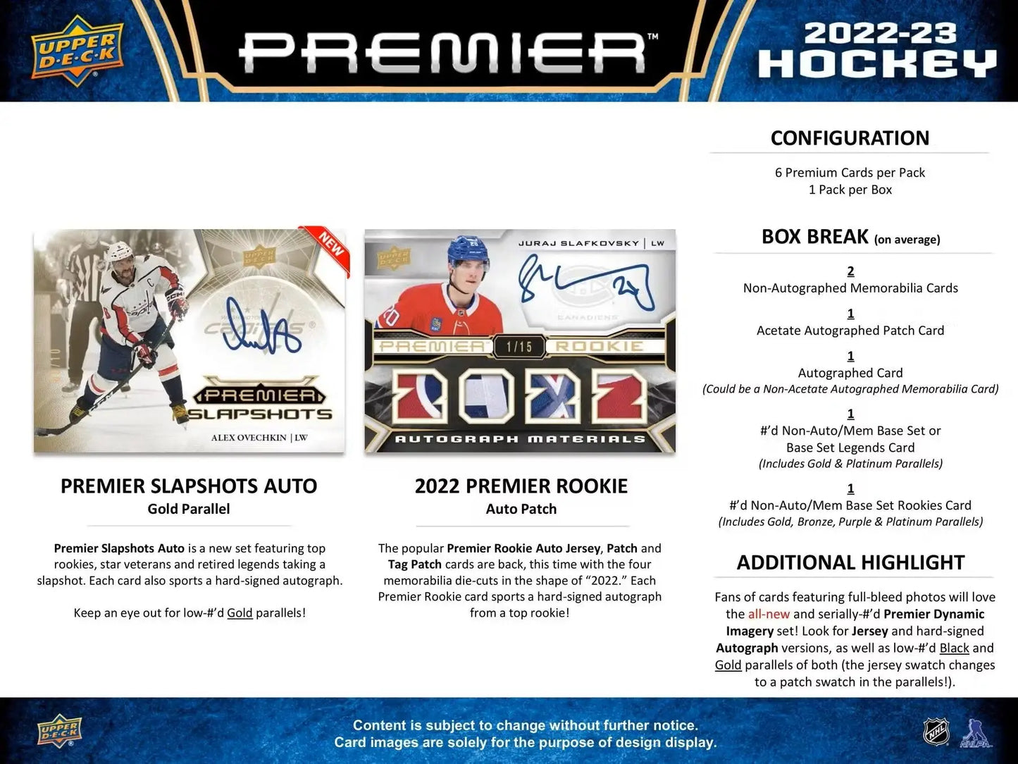 Hockey card product advertisement for 2022-23 Upper Deck Premier Hobby Box with base set and gold parallel