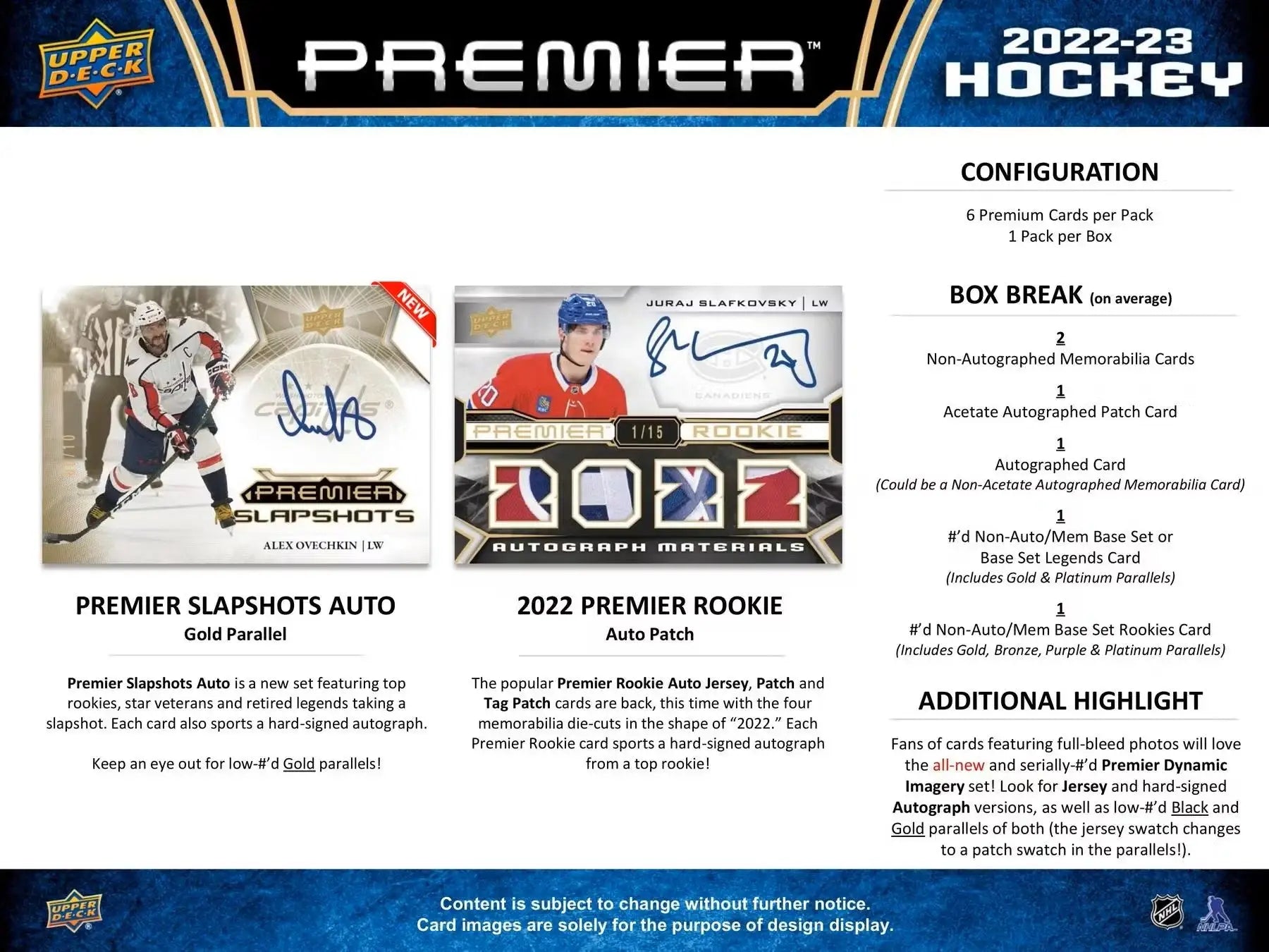 Hockey card product advertisement for 2022-23 Upper Deck Premier Hobby Box with base set and gold parallel