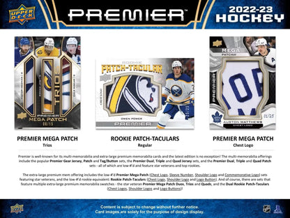 Three hockey trading cards from the 2022-23 Upper Deck Premier Hobby Box featuring base set rookies and gold parallel