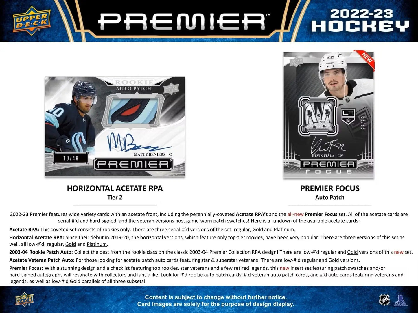 Hockey trading cards featuring base set rookies and gold parallel from 2022-23 Upper Deck Premier