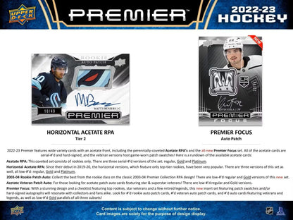 Hockey trading cards featuring base set rookies and gold parallel from 2022-23 Upper Deck Premier