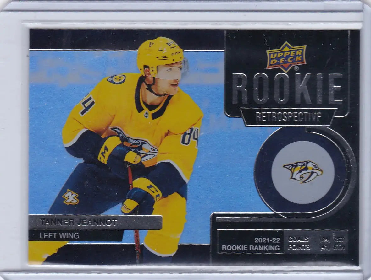 Tanner Jeannot Rookie Retrospective card from 2022-23 Upper Deck Predators collection