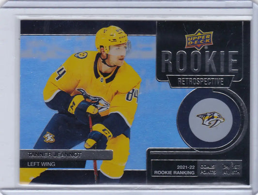 Tanner Jeannot Rookie Retrospective card from 2022-23 Upper Deck Predators collection