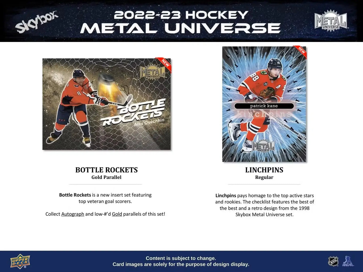Hockey card collection featuring 2022-23 Upper Deck Skybox Metal Universe base set and auto parallel