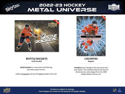 Hockey card collection featuring 2022-23 Upper Deck Skybox Metal Universe base set and auto parallel