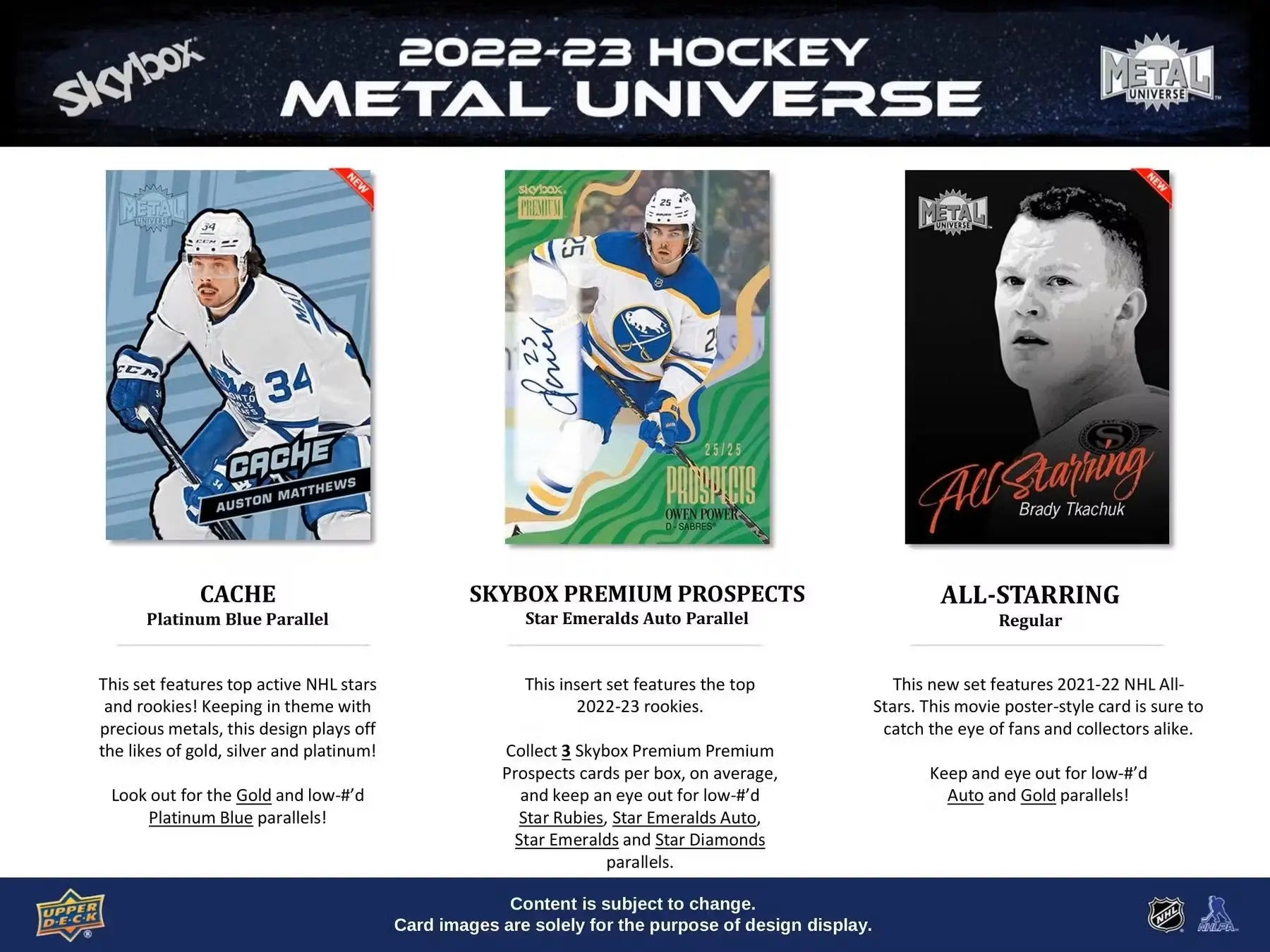 Hockey trading card collection featuring Metal Universe base set and auto parallel cards