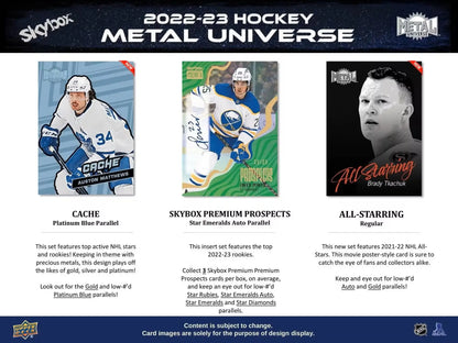 Hockey trading card collection featuring Metal Universe base set and auto parallel cards