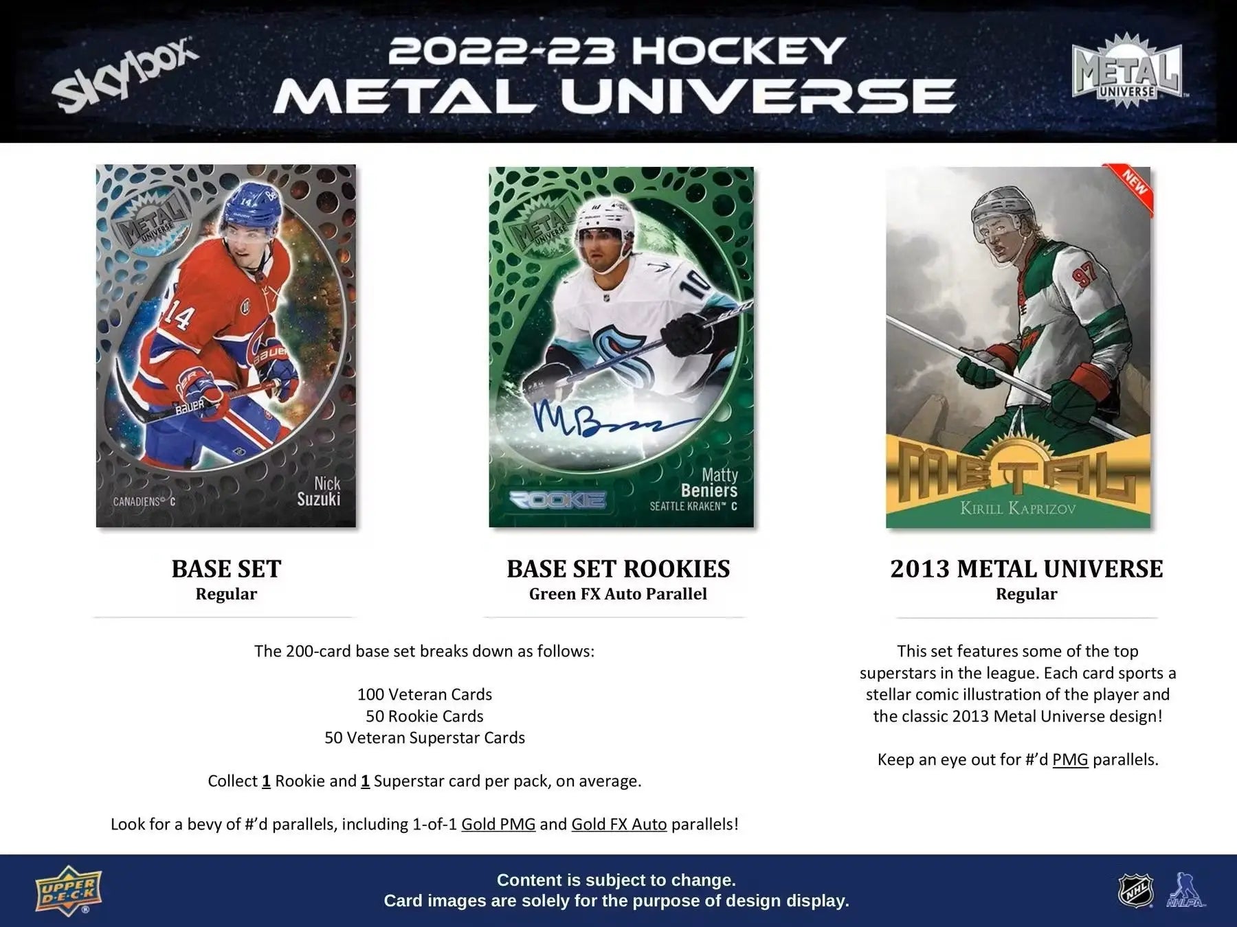 Hockey trading cards from 2022-23 Upper Deck Skybox Metal Universe base set and auto parallel