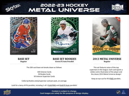 Hockey trading cards from 2022-23 Upper Deck Skybox Metal Universe base set and auto parallel