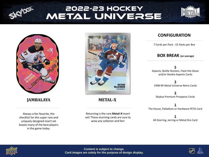 Hockey card product advertisement for 2022-23 Upper Deck Skybox Metal Universe Hobby Box featuring base set and auto parallel options