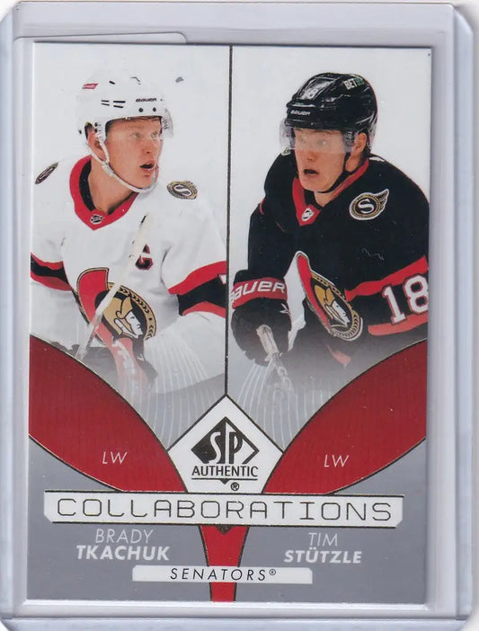 Hockey trading card of Brady Tkachuk and Tim Stutzle from 2022-23 Upper Deck SP Authentic