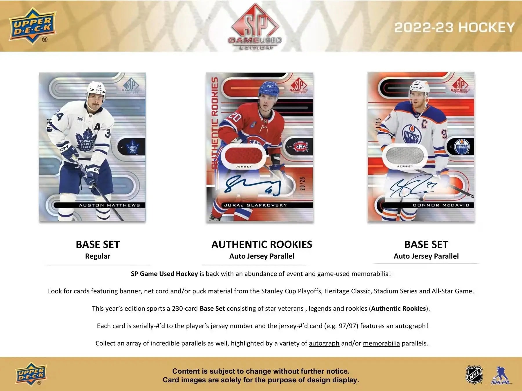 Hockey trading cards from 2022-23 Upper Deck SP Game Used Hobby Box featuring base set and NHL All-Star autos
