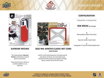 Hockey card product ad for 2022-23 Upper Deck SP Game Used Hockey Hobby Box with NHL All-Star base set and auto parallel