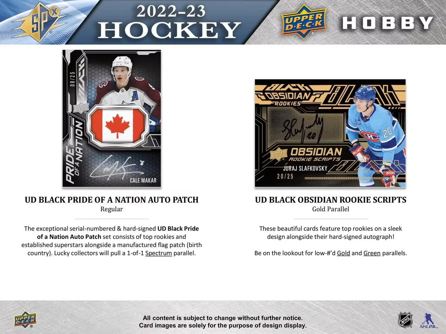 Hockey card advertisement featuring spectrum parallel auto patch rookie auto in 2022/23 Upper Deck SPx Hockey Hobby Box