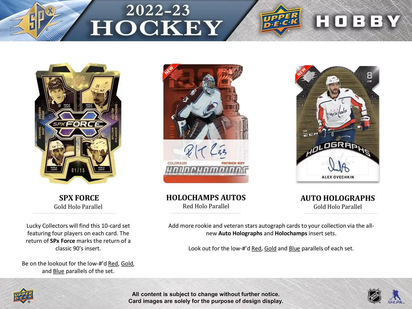 Hockey card collection featuring spectrum parallel auto patch and rookie auto from 2022/23 Upper Deck SPx Hobby Box