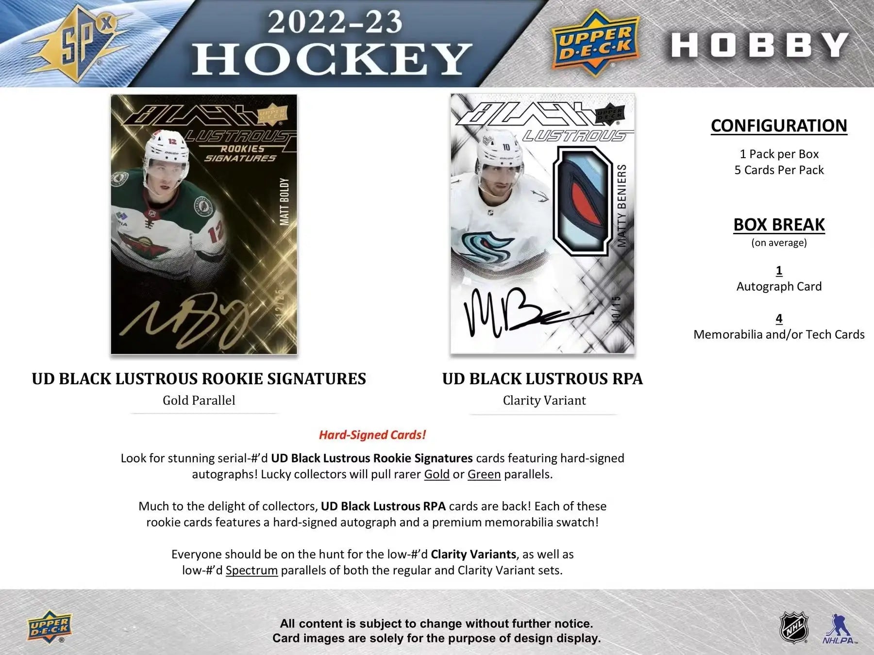 Hockey card product advertisement for 2022/23 Upper Deck SPx Hobby Box with spectrum parallel auto patch rookie auto