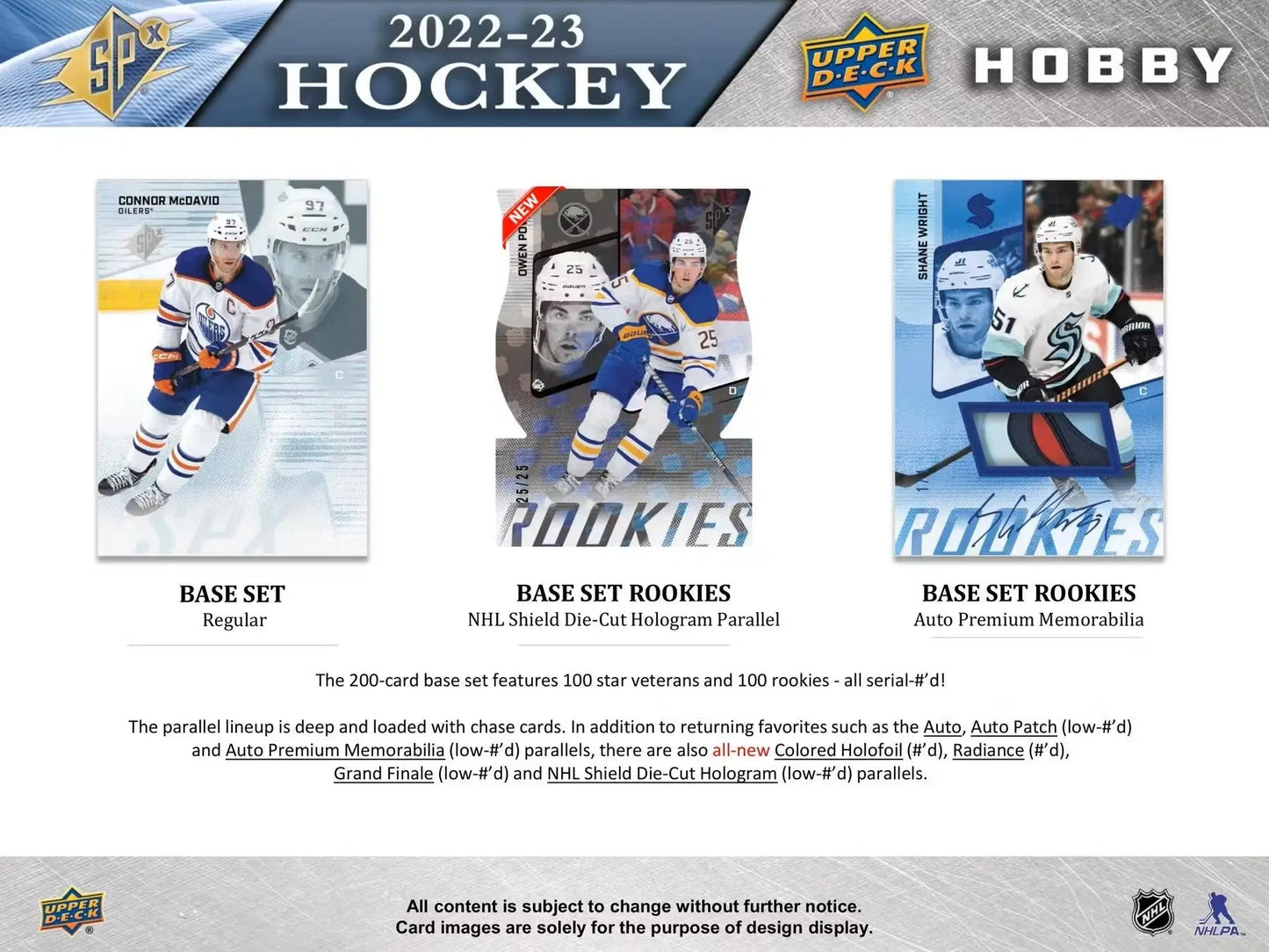 Hockey card product advertisement for 2022/23 Upper Deck SPx Hobby Box with rookie auto and spectrum parallel