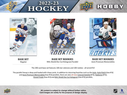 Hockey card product advertisement for 2022/23 Upper Deck SPx Hobby Box with rookie auto and spectrum parallel