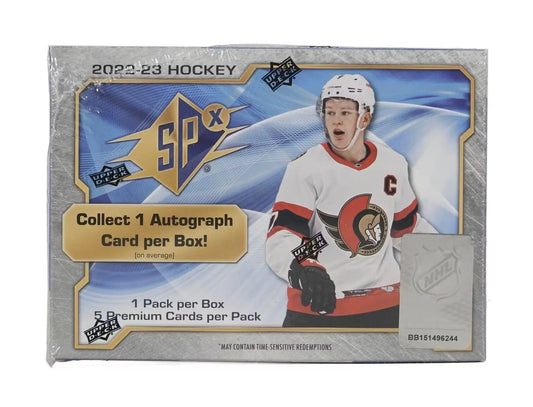 Sealed 2022/23 Upper Deck SPx Hockey Hobby Box with spectrum parallel auto patch rookie auto