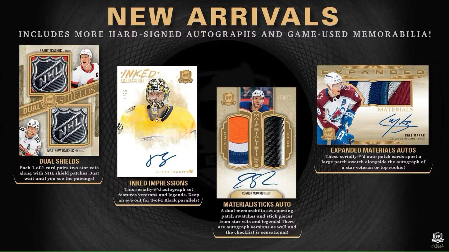 Hockey card collection featuring base set rookie auto and auto patch from 2022-23 Upper Deck The Cup Hobby Box