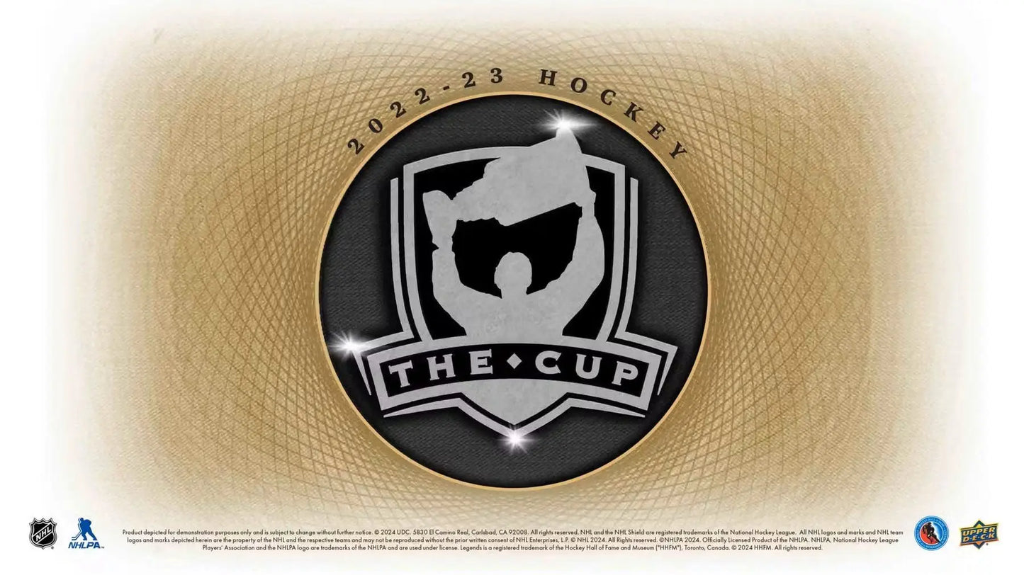 Hockey-themed emblem from 2022-23 Upper Deck The Cup Hockey Hobby Box showcasing base set auto patch rookie auto