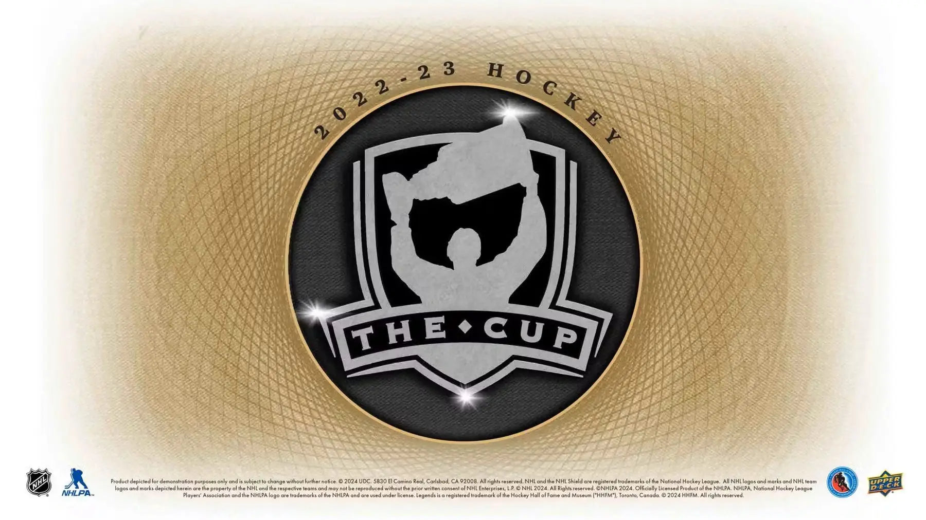 Hockey-themed emblem from 2022-23 Upper Deck The Cup Hockey Hobby Box showcasing base set auto patch rookie auto
