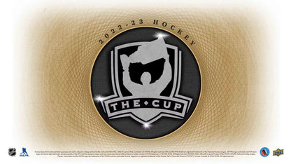 Hockey-themed emblem from 2022-23 Upper Deck The Cup Hockey Hobby Box showcasing base set auto patch rookie auto