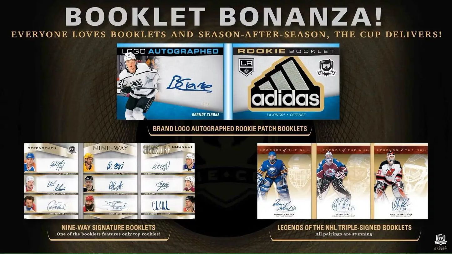 Hockey card booklet advertisement featuring base set auto patch and rookie auto cards for 2022-23 Upper Deck The Cup