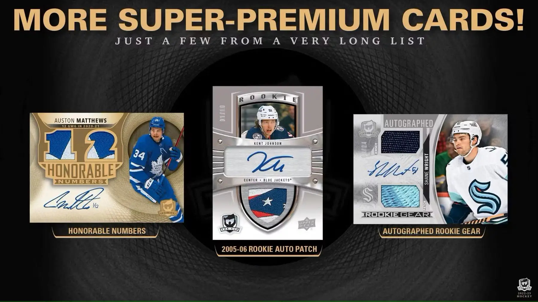Hockey trading cards from the 2022-23 Upper Deck The Cup Hobby Box with rookies and auto patch